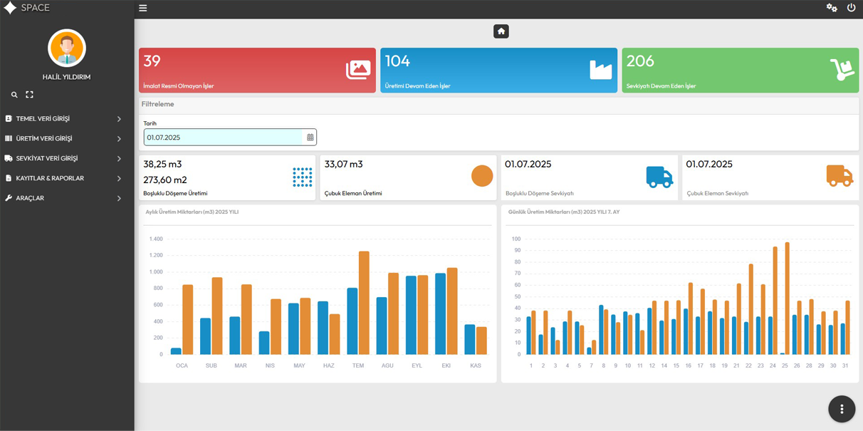 SPACE-EM boşluklu döşeme üretim dashboard ekranı